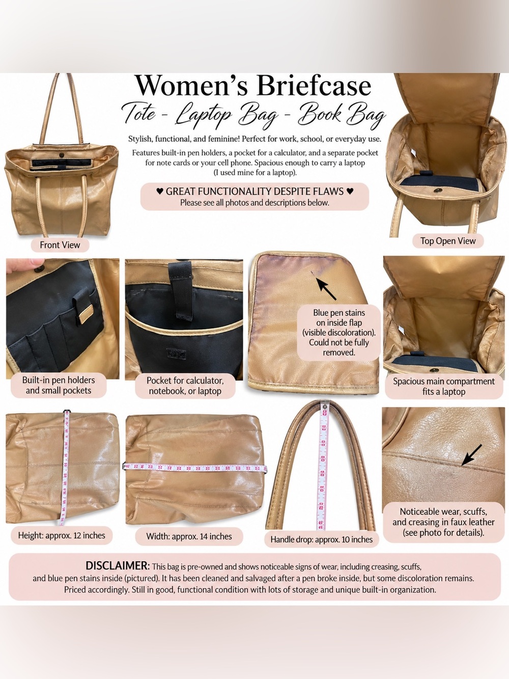 Women's Briefcase Tote Laptop Bag - Tan